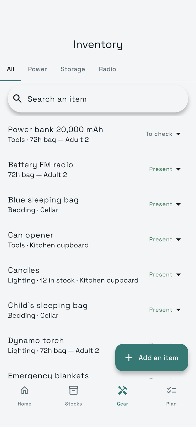 iwisur’s inventory: power bank overdue for recharging is marked to check, other items are present, each with its storage location, including 72-hour bags.