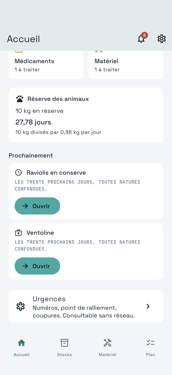 La réserve des animaux dans iwisur : 10 kg en réserve, 27,78 jours, 10 kg divisés par 0,36 kg par jour.