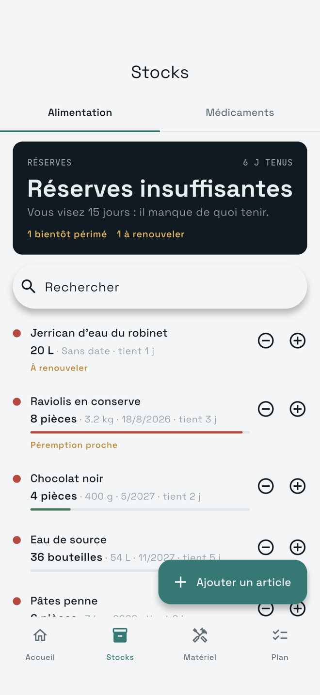 L’onglet Stocks d’iwisur : jerrican à renouveler, raviolis en péremption proche le 18/8/2026, chaque article avec sa quantité et le nombre de jours qu’il tient.